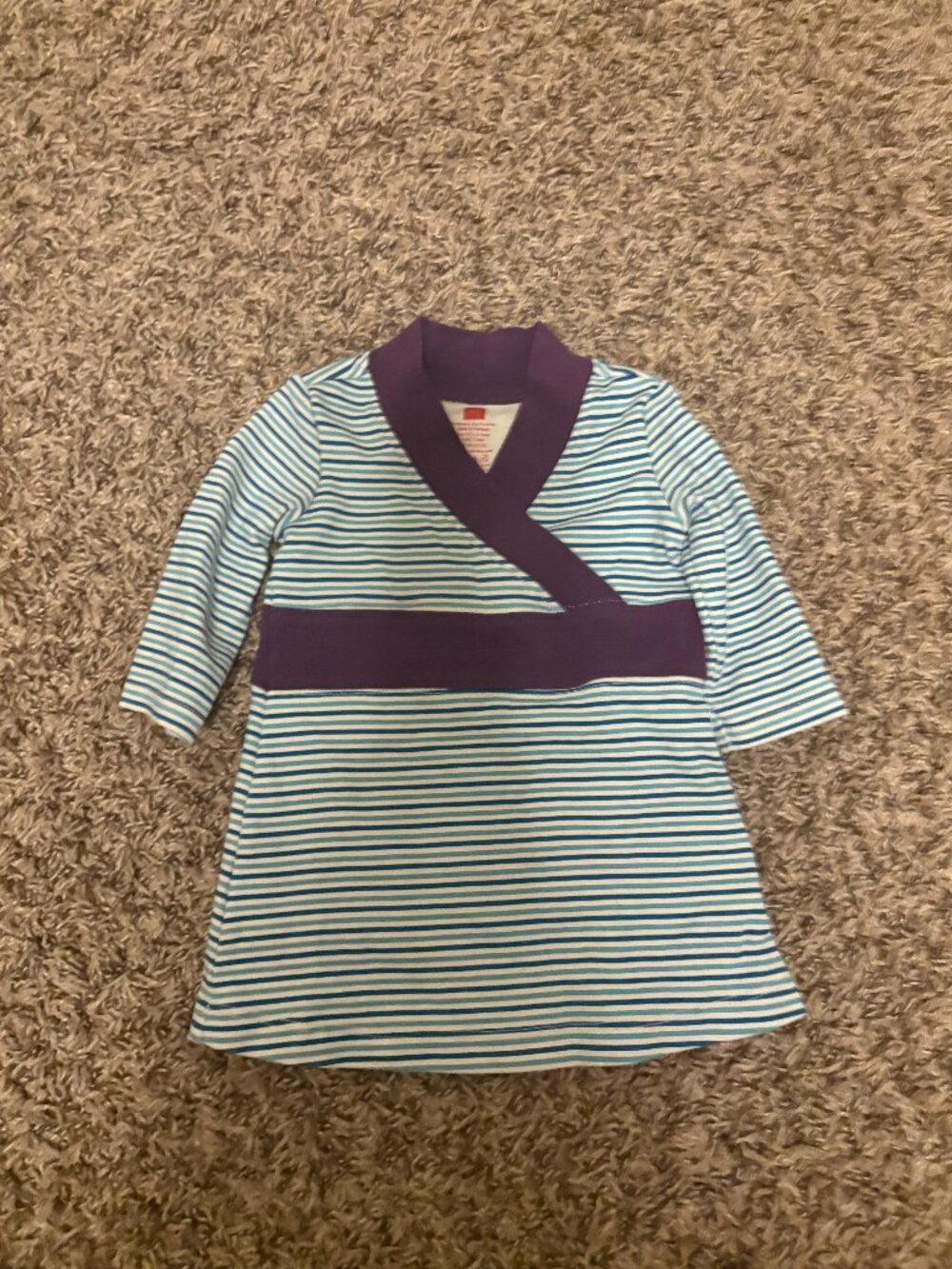 Tea Collection Striped Dress 3-6 Month White Green Blue Maroon Trim Long Sleeve